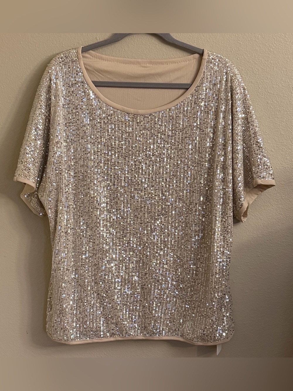 Amazon Champagne Sequin Short Sleeve Scoop Neck Top
